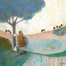 Meet the Mustards: Look How Far We've Come by Sam Toft, mounted miniature print. Ernest and his good lady Violet have been on a stroll, over the hills and far away. It's time for a rest and a hug under a blue tree, with the ever faithful Doris at their feet.