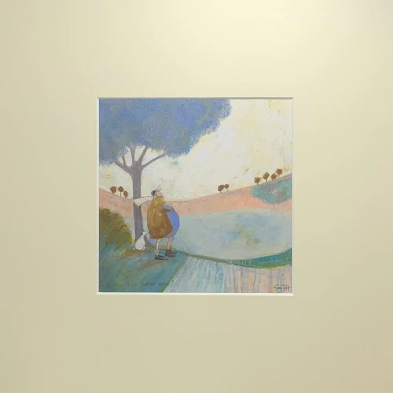 Meet the Mustards: Look How Far We've Come by Sam Toft, mounted miniature print. Ernest and his good lady Violet have been on a stroll, over the hills and far away. It's time for a rest and a hug under a blue tree, with the ever faithful Doris at their feet.
