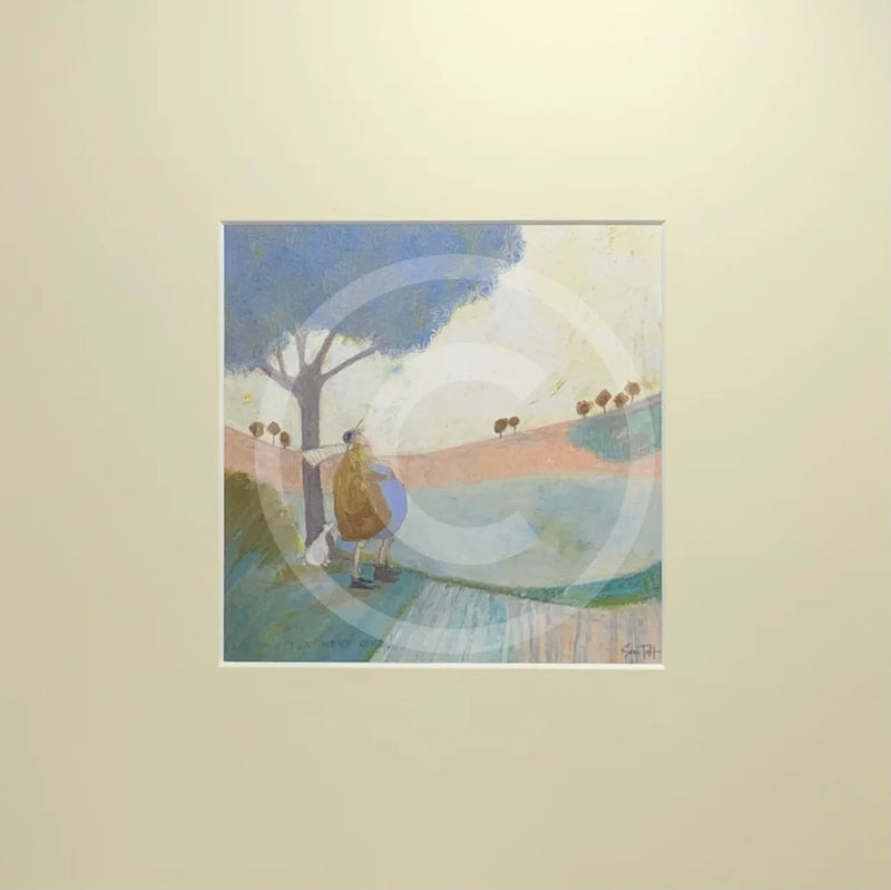 Meet the Mustards: Look How Far We've Come by Sam Toft, mounted miniature print. Ernest and his good lady Violet have been on a stroll, over the hills and far away. It's time for a rest and a hug under a blue tree, with the ever faithful Doris at their feet.