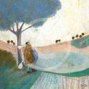 Meet the Mustards: Look How Far We've Come by Sam Toft, mounted miniature print. Ernest and his good lady Violet have been on a stroll, over the hills and far away. It's time for a rest and a hug under a blue tree, with the ever faithful Doris at their feet.