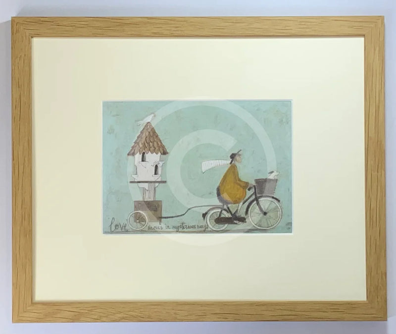 Meet the Mustards: Love Moves In Mysterious Ways by Sam Toft, mounted miniature. A man on a bike transporting his dove house behind him on a small cart. Framed in oak.