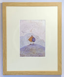 Meet the Mustards: Love On A Mountain Top by Sam Toft, mounted miniature. A couple having a cuddle with their dog on top of a mountain. Framed in oak.