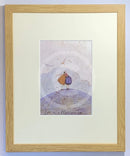 Meet the Mustards: Love On A Mountain Top by Sam Toft, mounted miniature. A couple having a cuddle with their dog on top of a mountain. Framed in oak.