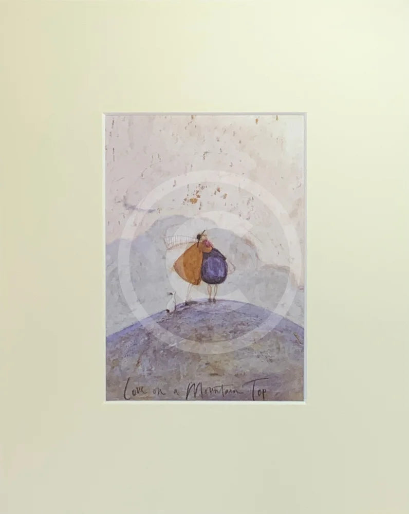 Meet the Mustards: Love On A Mountain Top by Sam Toft, mounted miniature. A couple having a cuddle with their dog on top of a mountain .