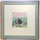 Meet the Mustards: Love Plus One by Sam Toft, mounted miniature print. A nostalgic picture of a couple having a cuddle on the promenade, looking out to sea with their black and white dog at their feet. Framed in Nordic blue. 