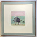 Meet the Mustards: Love Plus One by Sam Toft, mounted miniature print. A nostalgic picture of a couple having a cuddle on the promenade, looking out to sea with their black and white dog at their feet. Framed in Nordic blue. 