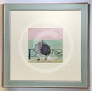 Meet the Mustards: Love Plus One by Sam Toft, mounted miniature print. A nostalgic picture of a couple having a cuddle on the promenade, looking out to sea with their black and white dog at their feet. Framed in Nordic blue. 