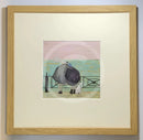 Meet the Mustards: Love Plus One by Sam Toft, mounted miniature print. A nostalgic picture of a couple having a cuddle on the promenade, looking out to sea with their black and white dog at their feet. Framed in oak. 
