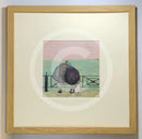 Meet the Mustards: Love Plus One by Sam Toft, mounted miniature print. A nostalgic picture of a couple having a cuddle on the promenade, looking out to sea with their black and white dog at their feet. Framed in oak. 