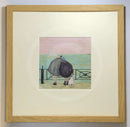 Meet the Mustards: Love Plus One by Sam Toft, mounted miniature print. A nostalgic picture of a couple having a cuddle on the promenade, looking out to sea with their black and white dog at their feet. Framed in oak. 
