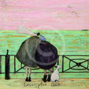 Meet the Mustards: Love Plus One by Sam Toft, mounted miniature print. A nostalgic picture of a couple having a cuddle on the promenade, looking out to sea with their black and white dog at their feet. 