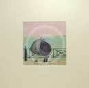 Meet the Mustards: Love Plus One by Sam Toft, mounted miniature print. A nostalgic picture of a couple having a cuddle on the promenade, looking out to sea with their black and white dog at their feet. 