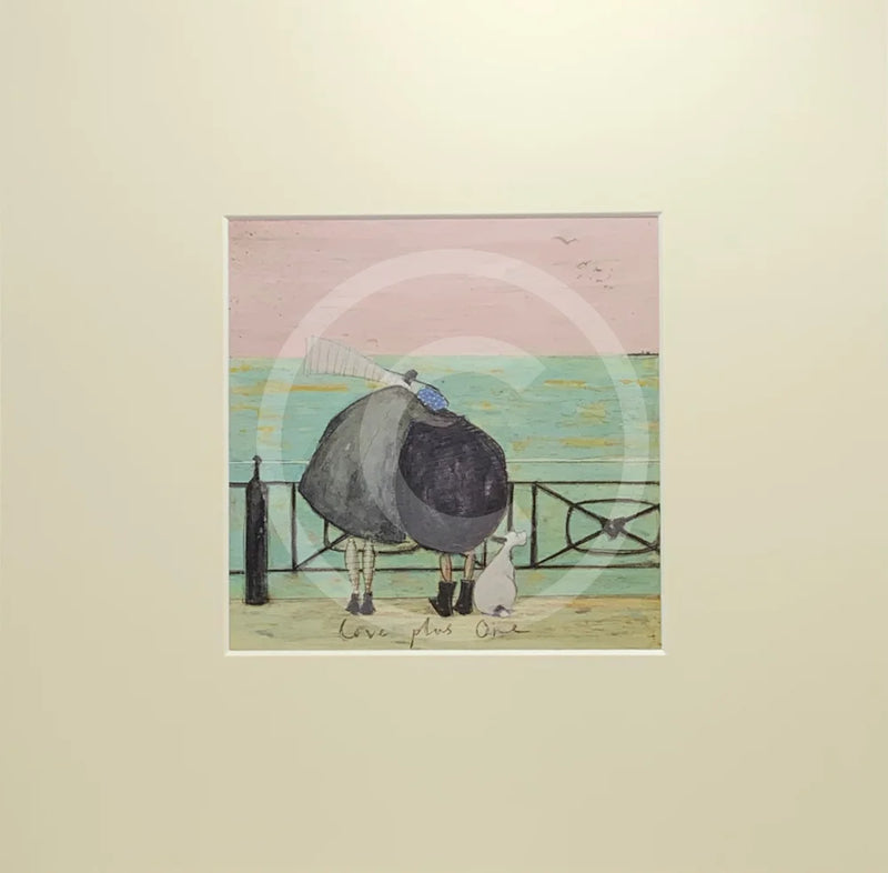 Meet the Mustards: Love Plus One by Sam Toft, mounted miniature print. A nostalgic picture of a couple having a cuddle on the promenade, looking out to sea with their black and white dog at their feet. 