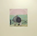 Meet the Mustards: Love Plus One by Sam Toft, mounted miniature print. A nostalgic picture of a couple having a cuddle on the promenade, looking out to sea with their black and white dog at their feet. 