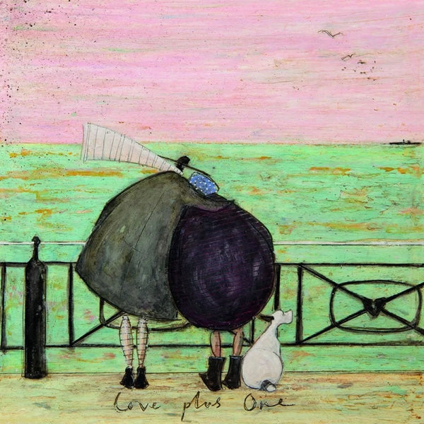 Meet the Mustards: Love Plus One by Sam Toft, mounted miniature print. A nostalgic picture of a couple having a cuddle on the promenade, looking out to sea with their black and white dog at their feet. 
