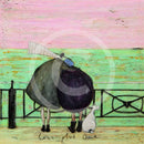 Meet the Mustards: Love Plus One by Sam Toft, mounted miniature print. A nostalgic picture of a couple having a cuddle on the promenade, looking out to sea with their black and white dog at their feet. 