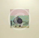 Meet the Mustards: Love Plus One by Sam Toft, mounted miniature print. A nostalgic picture of a couple having a cuddle on the promenade, looking out to sea with their black and white dog at their feet. 