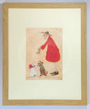 Meet the Mustards: The Match Maker by Sam Toft, mounted miniature print. A Christmas picture with a man in a red coat holding mistletoe over two dogs wearing a red bow and green collar. Framed in oak.