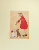 Meet the Mustards: The Match Maker by Sam Toft, mounted miniature print. A Christmas picture with a man in a red coat holding mistletoe over two dogs wearing a red bow and green collar. 