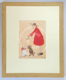 Meet the Mustards: The Match Maker by Sam Toft, mounted miniature print. A Christmas picture with a man in a red coat holding mistletoe over two dogs wearing a red bow and green collar. Framed in oak.