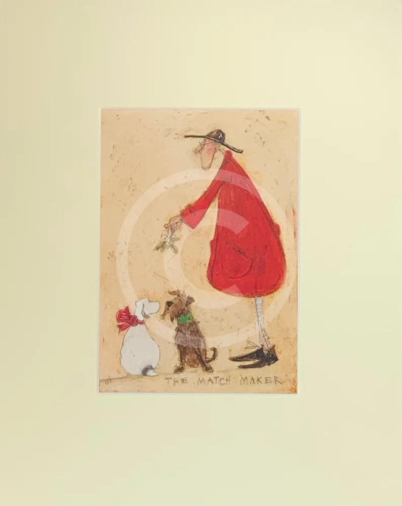 Meet the Mustards: The Match Maker by Sam Toft, mounted miniature print. A Christmas picture with a man in a red coat holding mistletoe over two dogs wearing a red bow and green collar. 