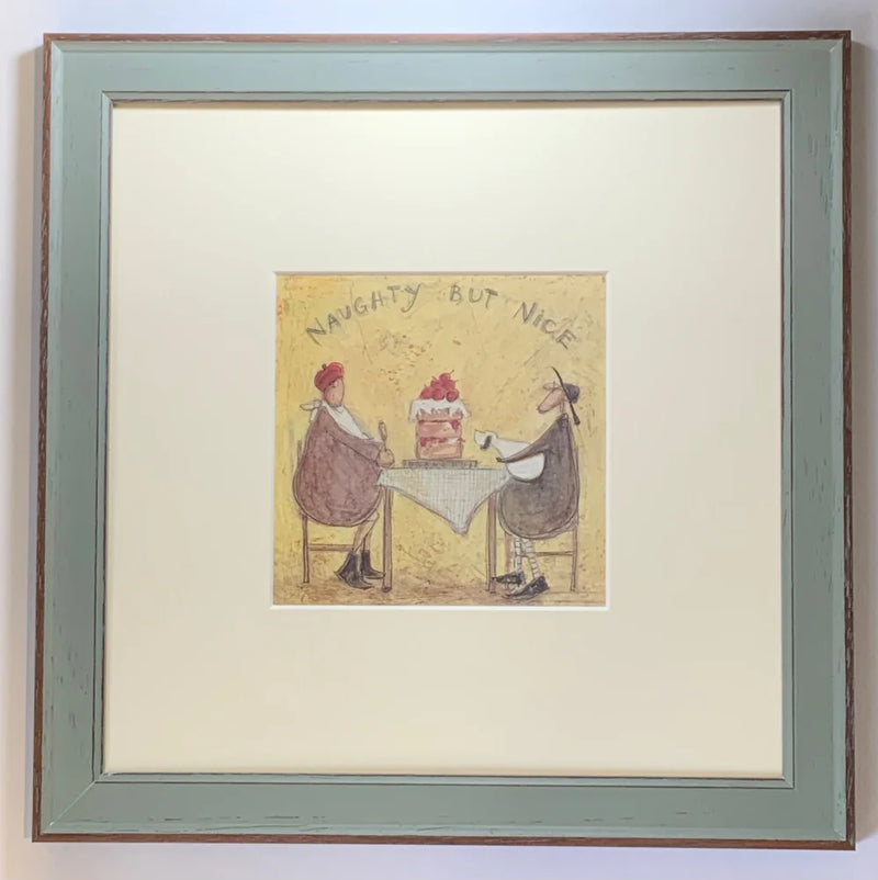 Meet the Mustards: Naughty But Nice by Sam Toft, mounted miniature print. A fun print of a couple about to enjoy a huge cake topped with fruit and cream. Their little dog looking longingly and  having a sniff. Framed in Nordic Blue. 