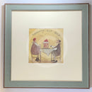 Meet the Mustards: Naughty But Nice by Sam Toft, mounted miniature print. A fun print of a couple about to enjoy a huge cake topped with fruit and cream. Their little dog looking longingly and  having a sniff. Framed in Nordic Blue. 