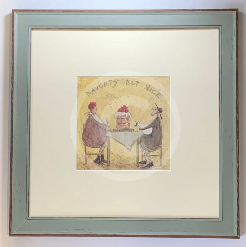 Meet the Mustards: Naughty But Nice by Sam Toft, mounted miniature print. A fun print of a couple about to enjoy a huge cake topped with fruit and cream. Their little dog looking longingly and  having a sniff. Framed in Nordic Blue. 