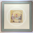 Meet the Mustards: Naughty But Nice by Sam Toft, mounted miniature print. A fun print of a couple about to enjoy a huge cake topped with fruit and cream. Their little dog looking longingly and  having a sniff. Framed in Nordic Blue. 