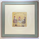 Meet the Mustards: Naughty But Nice by Sam Toft, mounted miniature print. A fun print of a couple about to enjoy a huge cake topped with fruit and cream. Their little dog looking longingly and  having a sniff. Framed in Nordic Blue. 