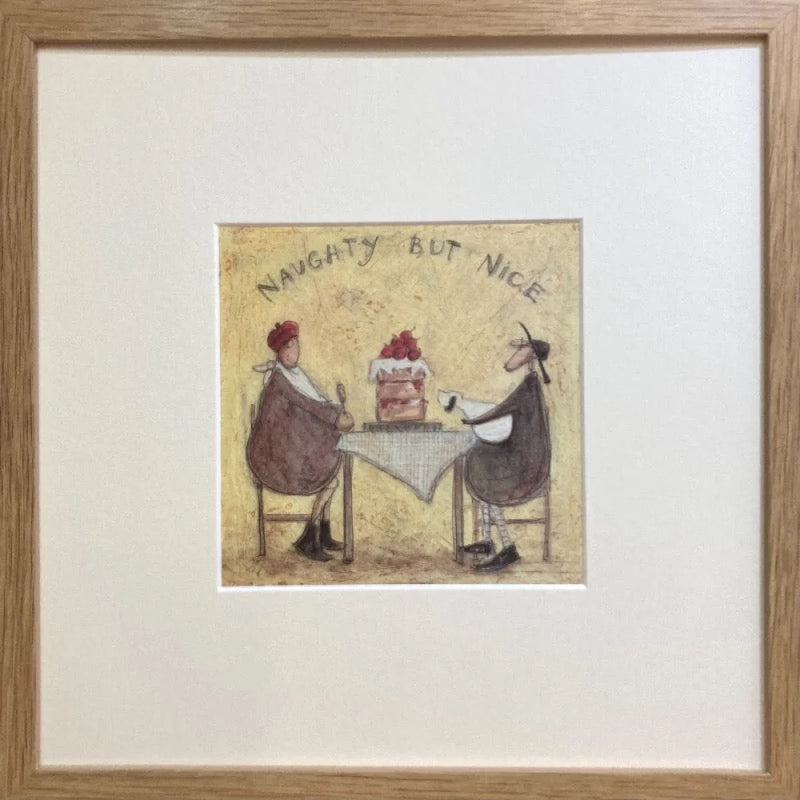 Meet the Mustards: Naughty But Nice by Sam Toft, mounted miniature print. A fun print of a couple about to enjoy a huge cake topped with fruit and cream. Their little dog looking longingly and  having a sniff. Framed in oak. 