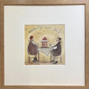 Meet the Mustards: Naughty But Nice by Sam Toft, mounted miniature print. A fun print of a couple about to enjoy a huge cake topped with fruit and cream. Their little dog looking longingly and  having a sniff. Framed in oak. 