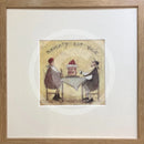 Meet the Mustards: Naughty But Nice by Sam Toft, mounted miniature print. A fun print of a couple about to enjoy a huge cake topped with fruit and cream. Their little dog looking longingly and  having a sniff. Framed in oak. 