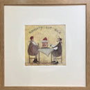 Meet the Mustards: Naughty But Nice by Sam Toft, mounted miniature print. A fun print of a couple about to enjoy a huge cake topped with fruit and cream. Their little dog looking longingly and  having a sniff. Framed in oak. 