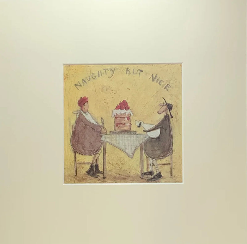 Meet the Mustards: Naughty But Nice by Sam Toft, mounted miniature print. A fun print of a couple about to enjoy a huge cake topped with fruit and cream. Their little dog looking longingly and  having a sniff. 