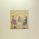 Meet the Mustards: Naughty But Nice by Sam Toft, mounted miniature print. A fun print of a couple about to enjoy a huge cake topped with fruit and cream. Their little dog looking longingly and  having a sniff. 