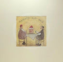 Meet the Mustards: Naughty But Nice by Sam Toft, mounted miniature print. A fun print of a couple about to enjoy a huge cake topped with fruit and cream. Their little dog looking longingly and  having a sniff. 