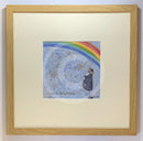 Meet the Mustards: Never Forgotten by Sam Toft, mounted miniature print. A man holding his dog thoughtfully looks up to a beautiful rainbow. Framed in oak.