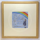 Meet the Mustards: Never Forgotten by Sam Toft, mounted miniature print. A man holding his dog thoughtfully looks up to a beautiful rainbow. Framed in oak.