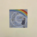 Never Forgotten by Sam Toft Mounted print with Mr Mustard, Doris the dog looking up to a rainbow through a blue sky.