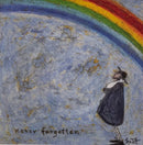 Meet the Mustards: Never Forgotten by Sam Toft, mounted miniature print. A man holding his dog thoughtfully looks up to a beautiful rainbow. 