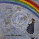Meet the Mustards: Never Forgotten by Sam Toft, mounted miniature print. A man holding his dog thoughtfully looks up to a beautiful rainbow. 