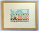 Meet the Mustards: Our Daily Mooch by Sam Toft, mounted miniature. A man walks his dog in front of a colourful row of beach huts. Framed in oak.