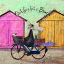 Meet the Mustards: Out For a Bit of Brunch by Sam Toft, mounted miniature print. A man rides on a bicycle with his dog sat in the front basket, they have a picnic basket on the back. They are riding past two pink and yellow beach huts. 