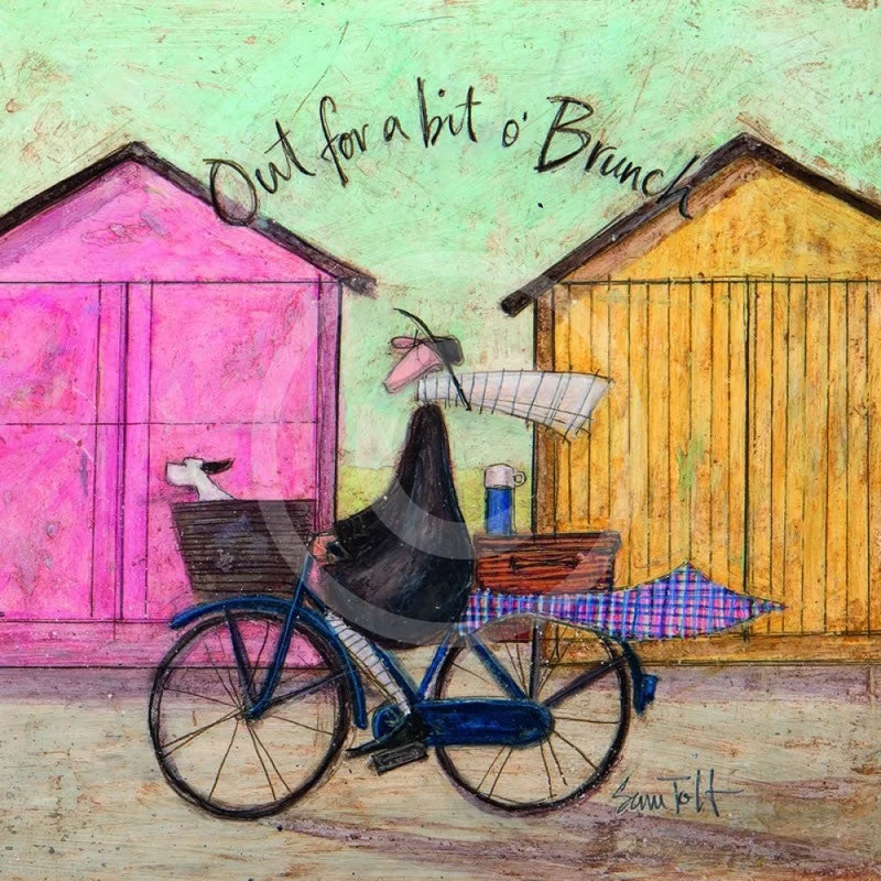 Meet the Mustards: Out For a Bit of Brunch by Sam Toft, mounted miniature print. A man rides on a bicycle with his dog sat in the front basket, they have a picnic basket on the back. They are riding past two pink and yellow beach huts. 