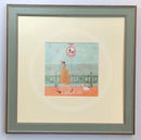 Meet the Mustards: Rebel Rebel by Sam Toft, mounted miniature print. A fun picture of a man walking his dog on the promenade without a lead ignoring the sign. Framed in Nordic Blue,