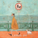 Meet the Mustards: Rebel Rebel by Sam Toft, mounted miniature print. A fun picture of a man walking his dog on the promenade without a lead ignoring the sign. 
