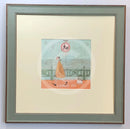 Meet the Mustards: Rebel Rebel by Sam Toft, mounted miniature print. A fun picture of a man walking his dog on the promenade without a lead ignoring the sign. Framed in Nordic Blue,