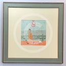 Meet the Mustards: Rebel Rebel by Sam Toft, mounted miniature print. A fun picture of a man walking his dog on the promenade without a lead ignoring the sign. Framed in Nordic Blue,