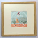 Meet the Mustards: Rebel Rebel by Sam Toft, mounted miniature print. A fun picture of a man walking his dog on the promenade without a lead ignoring the sign. Framed in Oak.